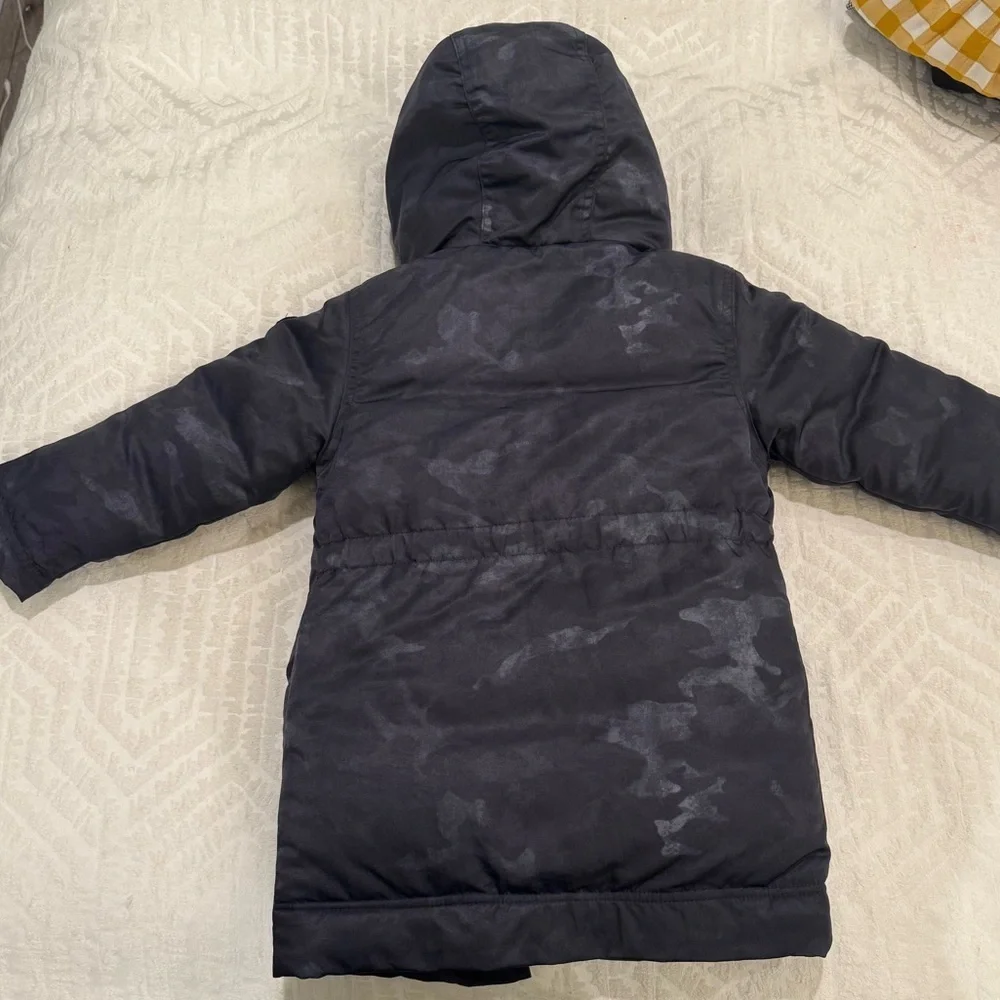 Appaman black camo toddler down filled puffer jacket with hood sherpa lining